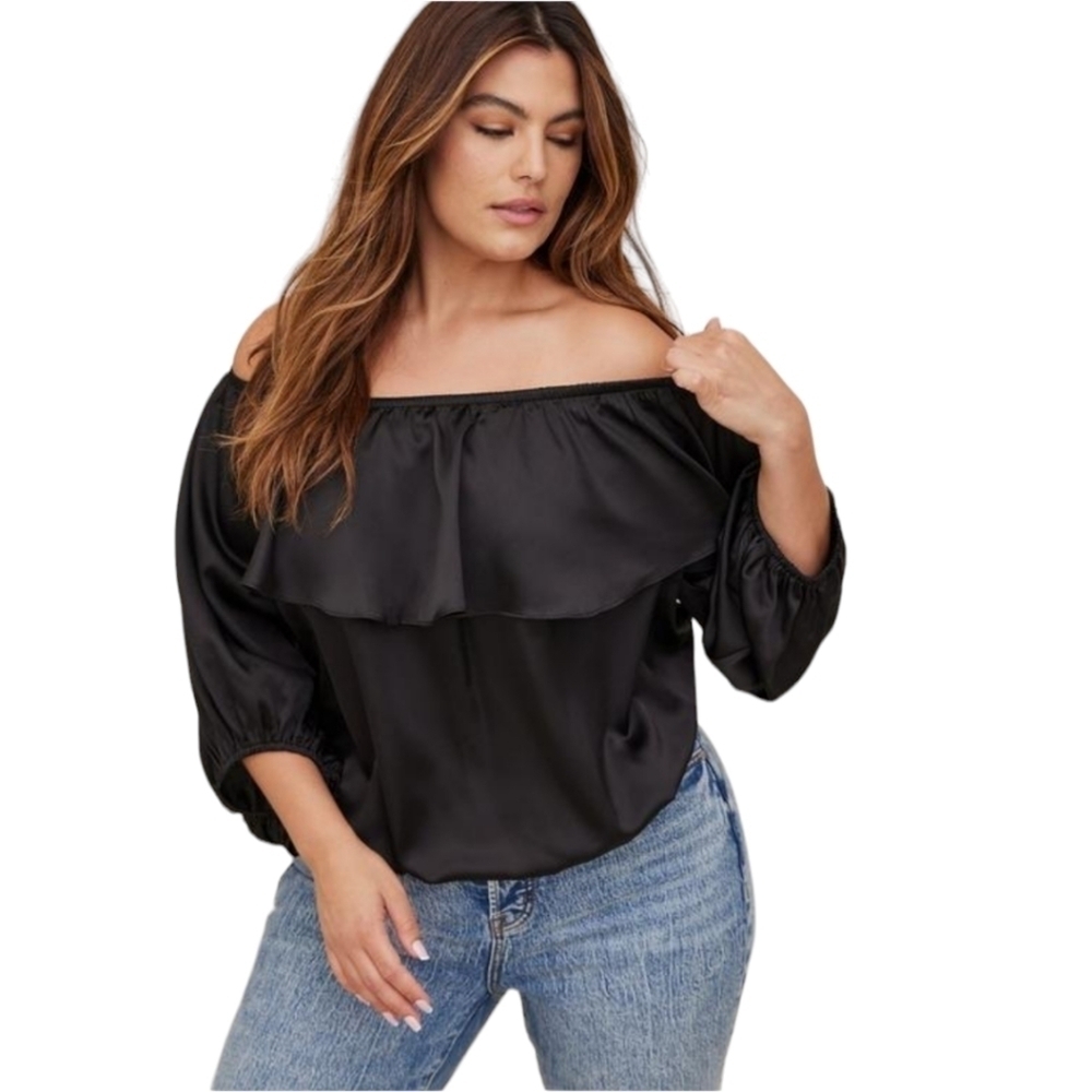 NWT Torrid Off Shoulder Blouson Top Satin Black Size 4X